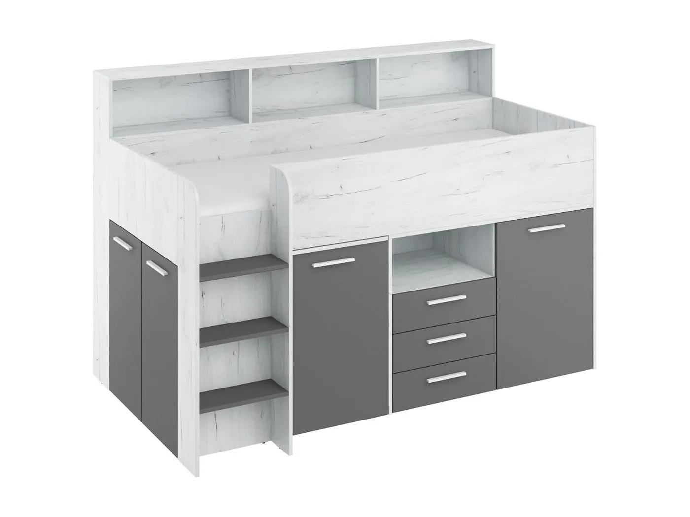 NEO L Etagenbett mit Schreibtisch, Schubladen und Regalen – weiß/graphit, modernes Möbelstück für Kinderzimmer, sichere Leiter, Schlafbereich 80x200 cm