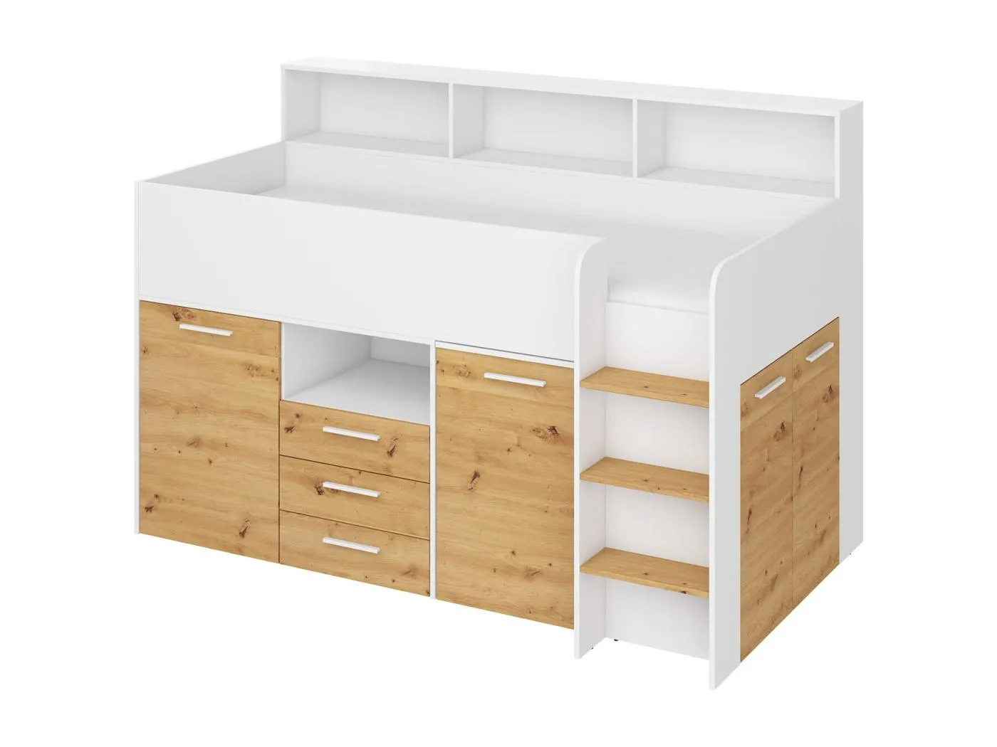 NEO P Etagenbett mit Schreibtisch, Schubladen und Regalen – weiß/douglas artisan, modernes Möbelstück für Kinderzimmer, sichere Leiter, Schlafbereich 80x200 cm