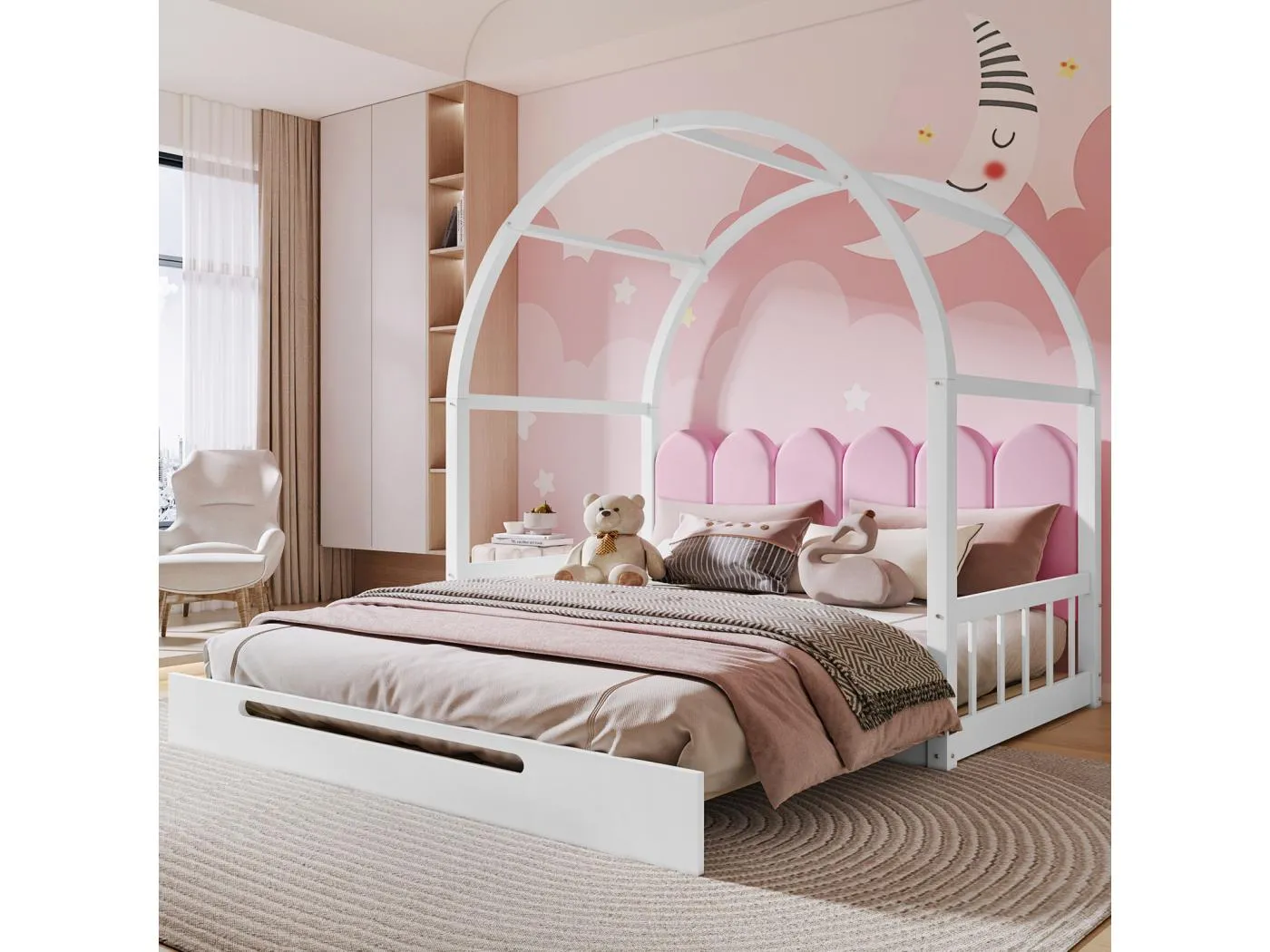 (Mit Matratze) Ausziehbares Hochbett, Ausziehbett, Kinderbett, Boxspringbett, Doppelbett, Samtkissen, Kiefer, weiß+rosa, 140x100/200cm