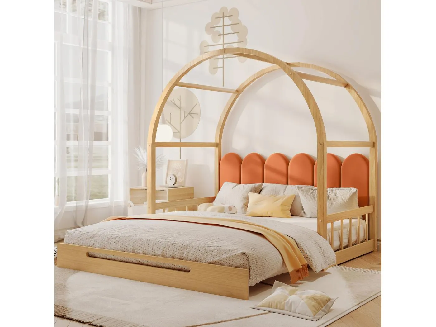 (Mit Matratze) Ausziehbares Hochbett, Ausziehbett, Kinderbett, Boxspringbett, Doppelbett, Samtkissen, Kiefer, Natur + Orange, 140x100/200cm