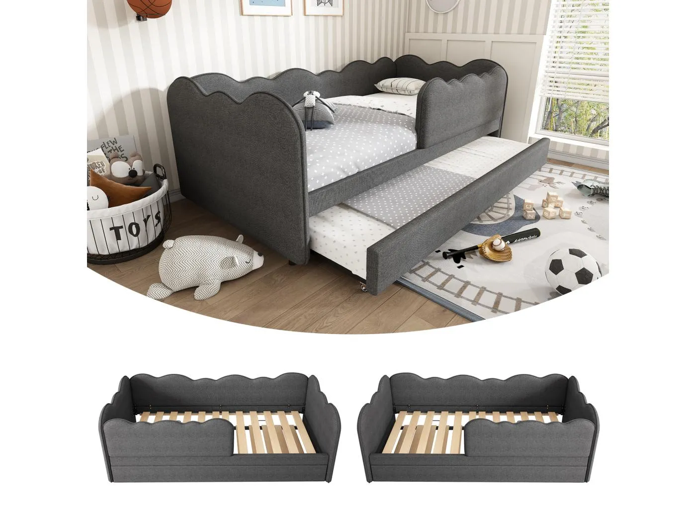 Gepolstertes Schlafsofa - 90 x 190 cm - mit Ausziehbett 90 x 190 cm + Lattenrost - Leinen - Grau