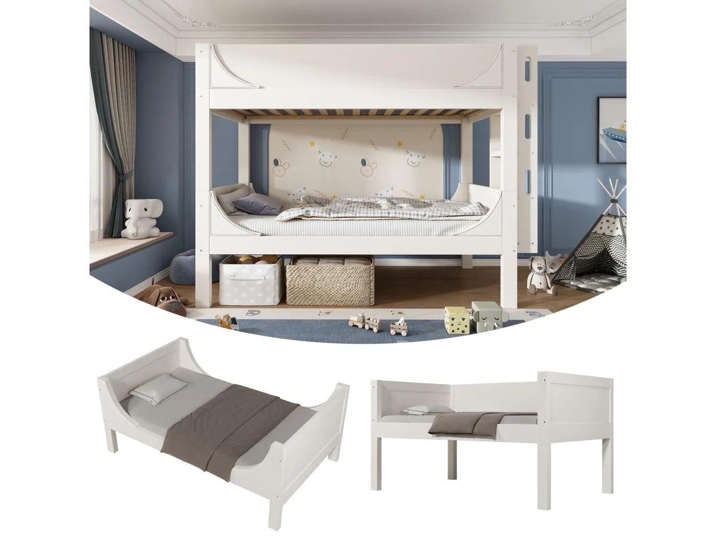 Kinder-Etagenbett - 2 x 90 x 200 cm - teilbares und verstellbares Bett und Leiter - Metall + Holz - weiß