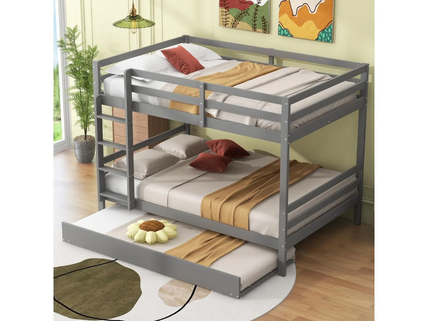 Etagenbetten 140 x 200 cm mit Ausziehbett 90 x 200 cm – Geländer und Treppe – MDF-Holz – Grau