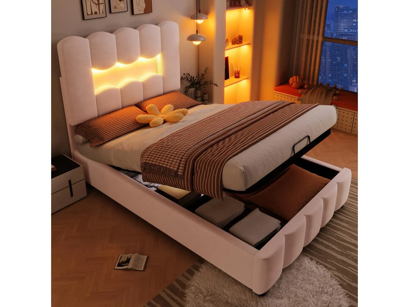 Gepolstertes Stauraumbett – 90 x 200 cm – mit hydraulischem Stauraum + verstellbarem Kopfteil – Samt – Rosa