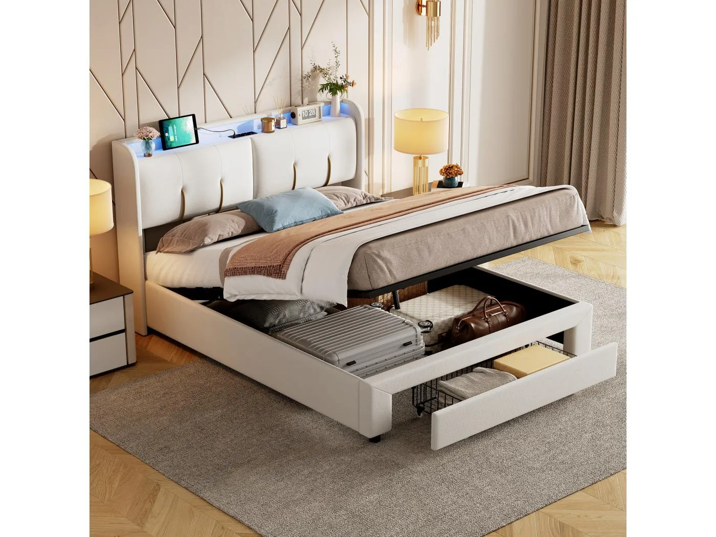 160 x 200 cm Bett mit Stauraum, LED, Lattenrost, USB Typ-C, weißer Samtbezug