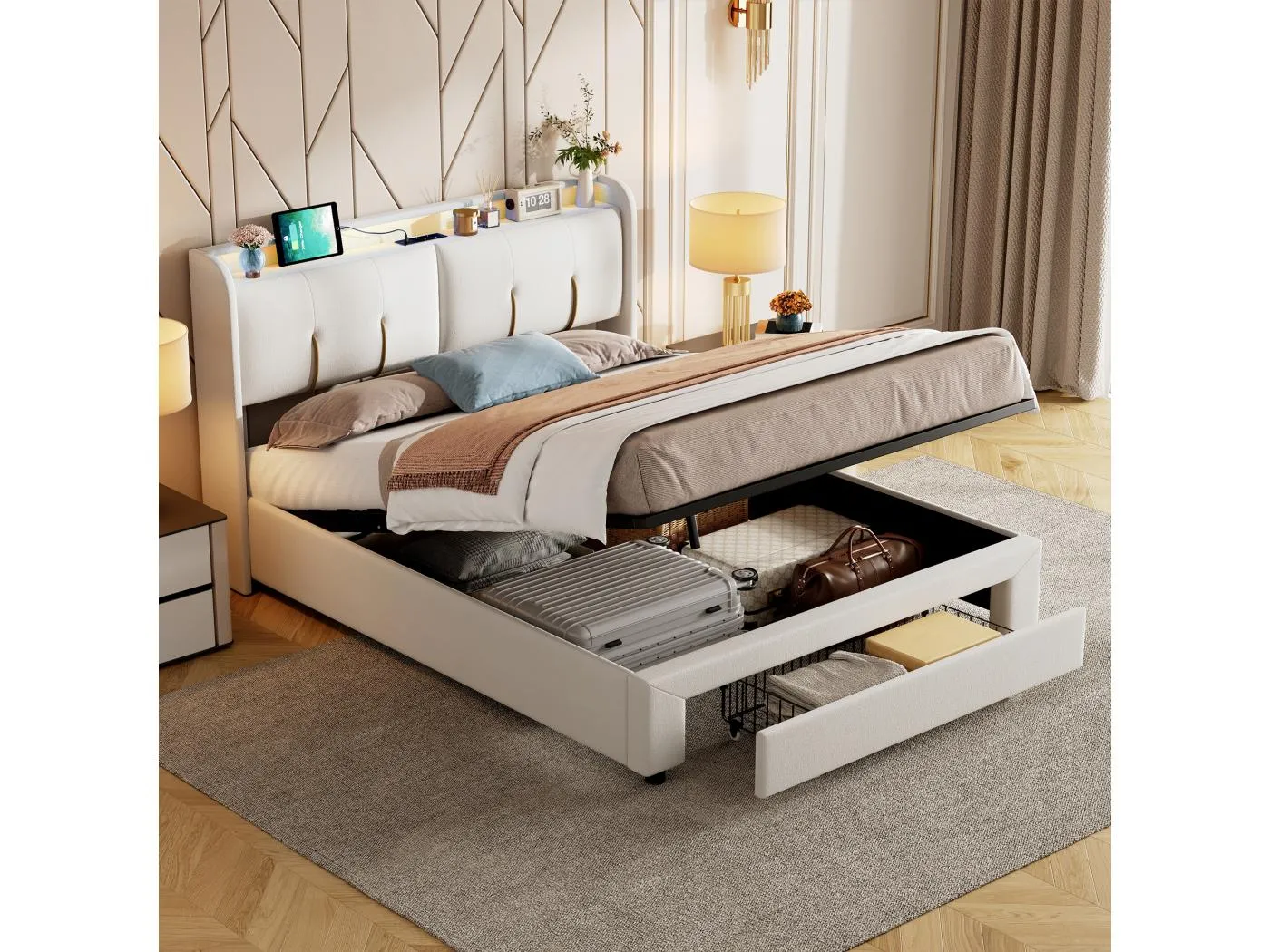 Stauraumbett 160x200 cm mit LED, 1 Schublade, USB/Typ-C, Lattenrost, weißer Samt