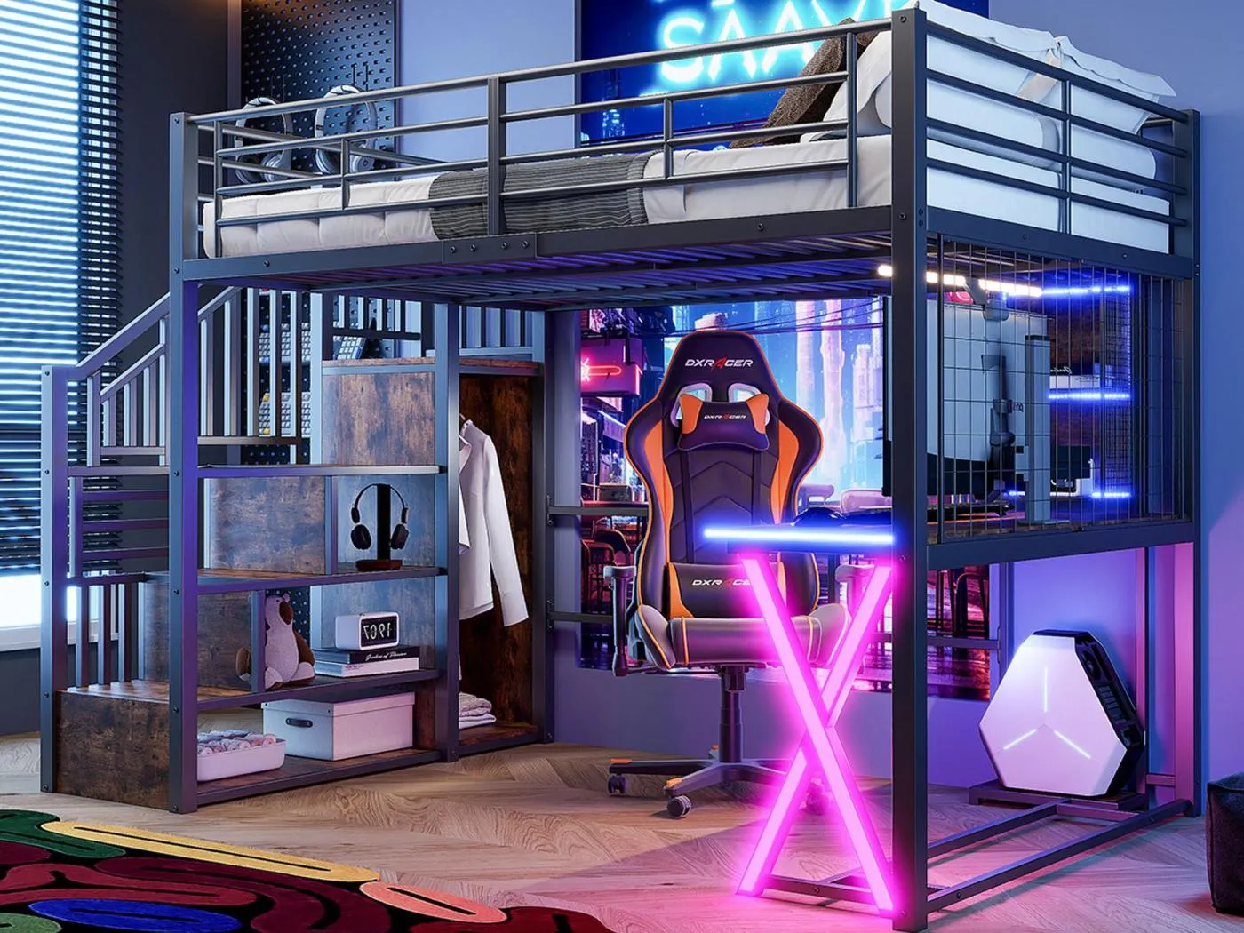 140x200cm Hochbett mit LED - Schreibtisch + Kleiderschrank + Stauraumleiter - Schwarz