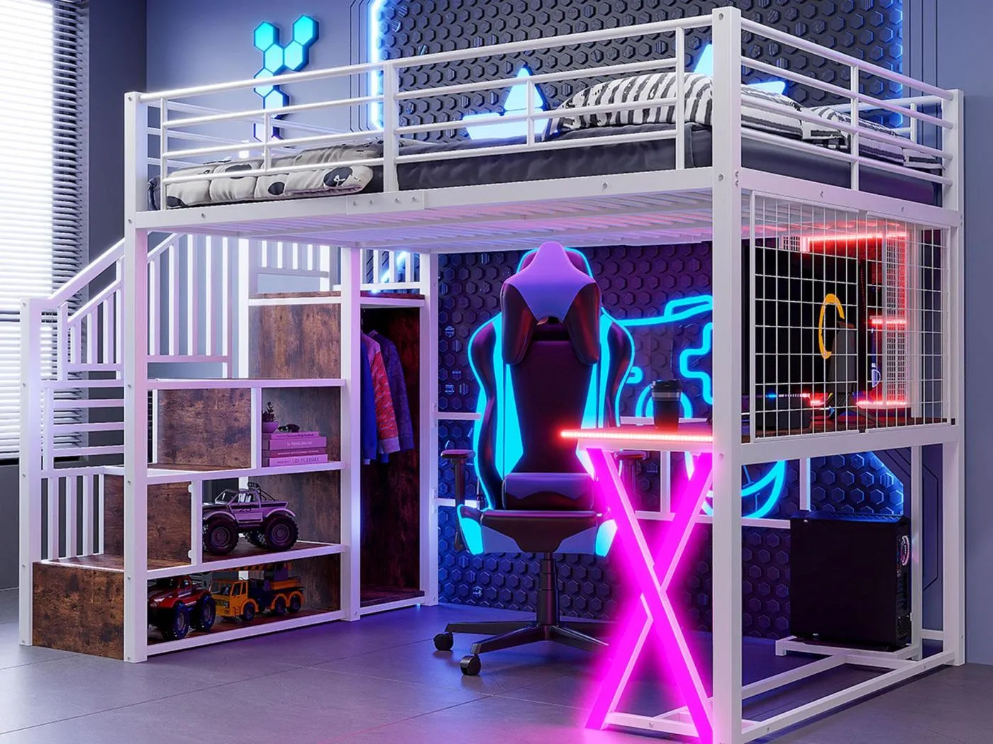 140x200cm Hochbett mit LED - Schreibtisch + Kleiderschrank + Stauraumleiter - Weiß