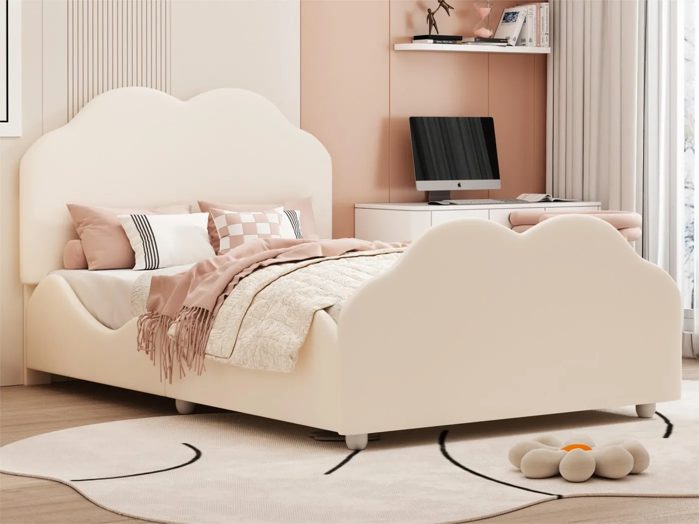 Bett mit wolkenförmigem Kopfteil 90 x 200 cm – Samt – für Kinder – Farbe Beige