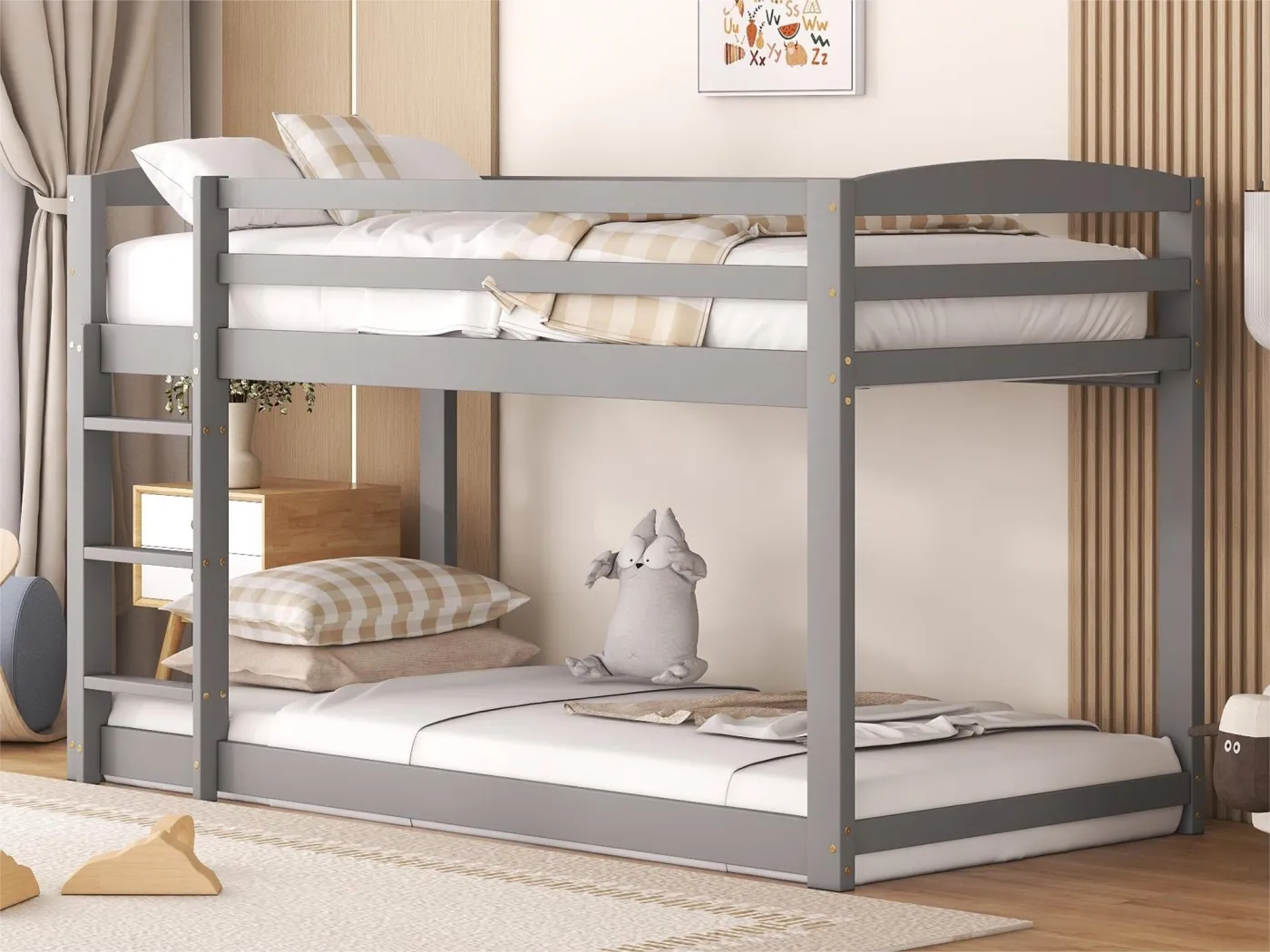 Etagenbett 2 x 90 x 200 cm für Kinder – Kiefer – Barrieren und Leiter – graue Farbe