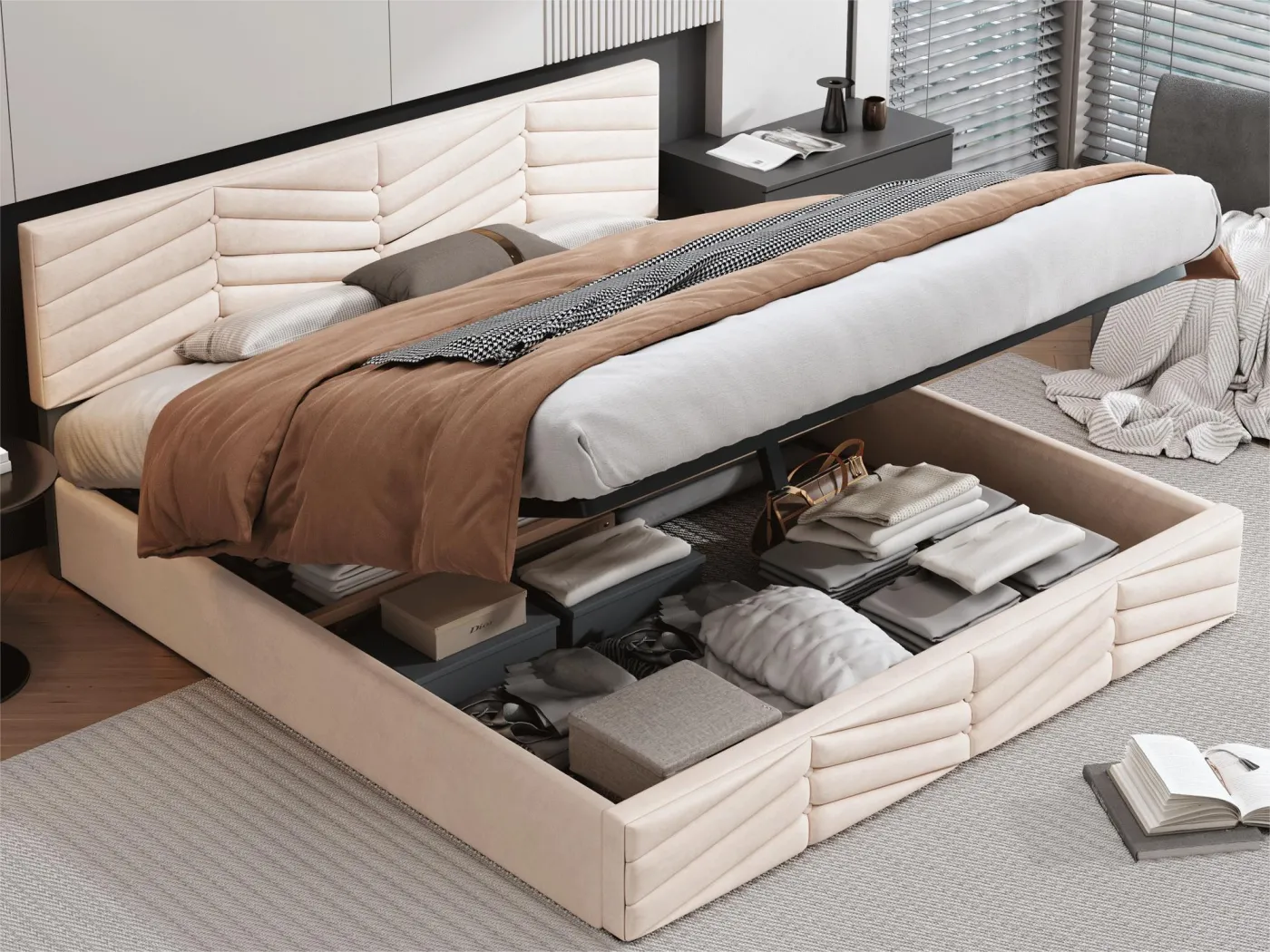 Bettkasten mit verstellbarem Kopfteil – 180 x 200 cm – Samt – Lattenrost – moderner Stil – Beige