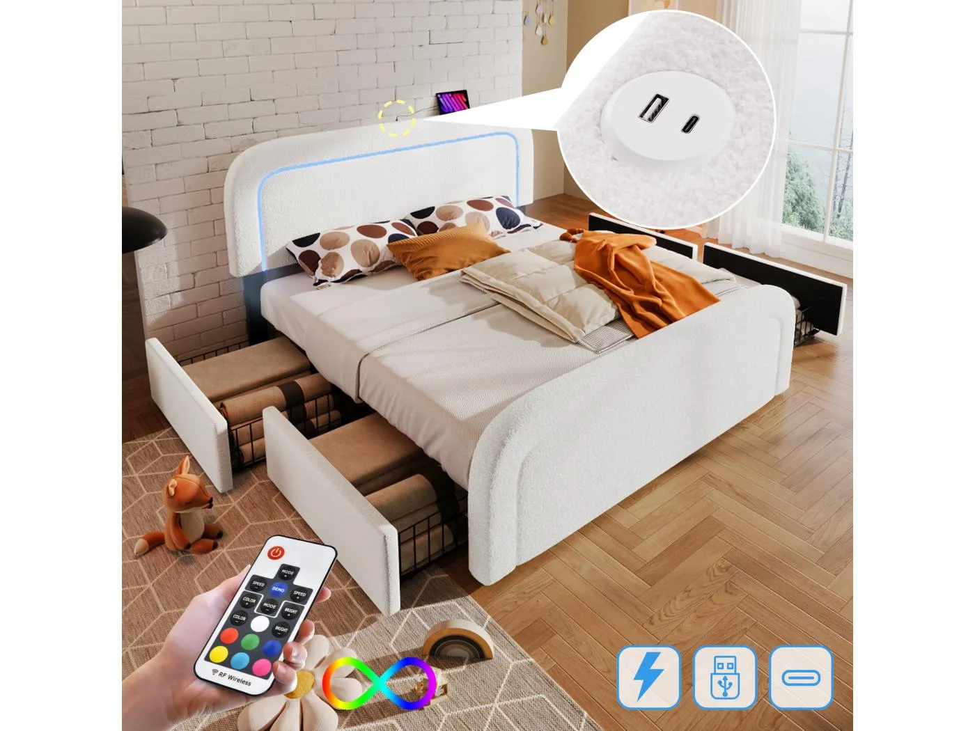 Erwachsenenbett 160 x 200 cm mit 2 Schubladen und verstellbarem Kopfteil – USB + Typ C – Sherpa-Stoff – Weiß