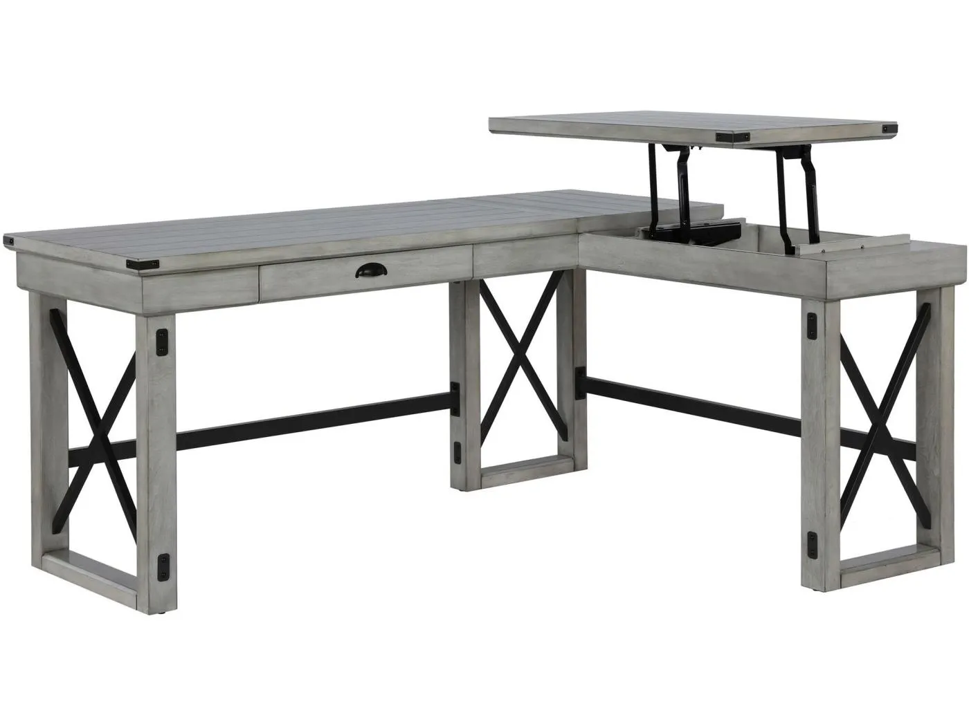 Computertisch in L-Form mit Liftplatte aus MDF, rustikal, weiß