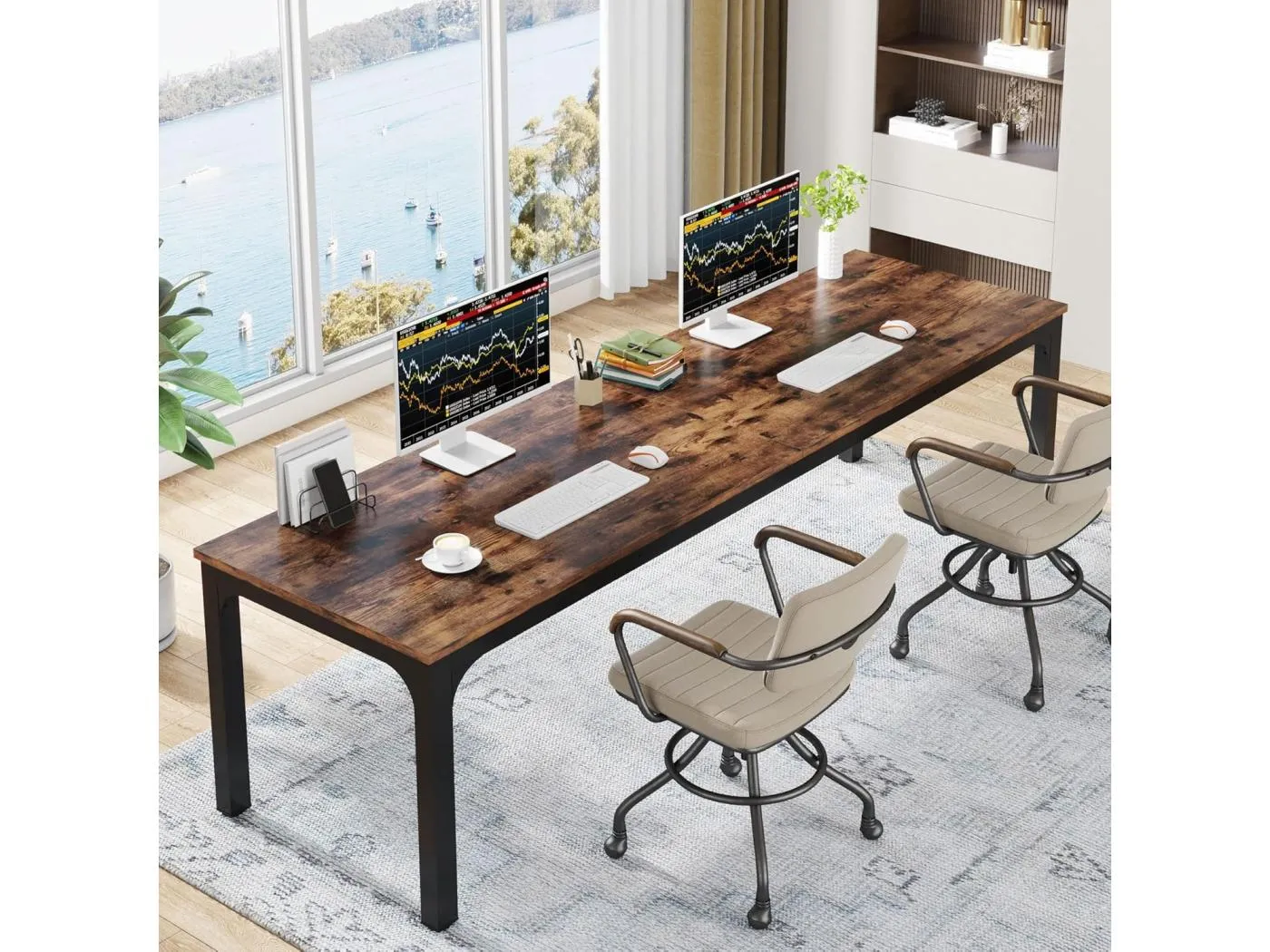 Computertisch, Laptop-Schreibtisch, Arbeitstisch, tragbarer Computertisch, doppelter langer Schreibtisch für Home-Office-Schlafzimmer, 200 x 70 x 75 cm, rustikales Braun