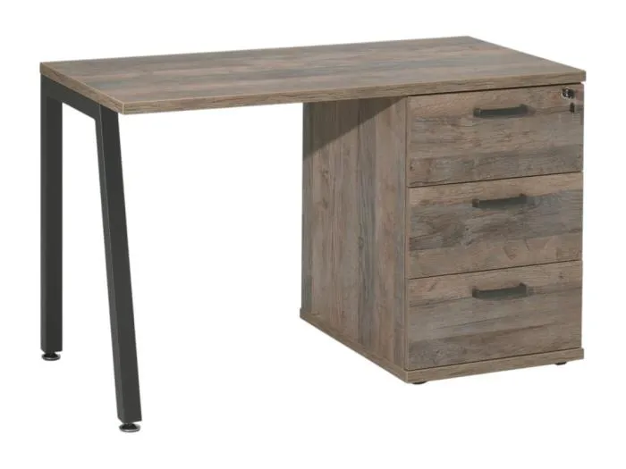 Robuster Schreibtisch aus gealterter Eiche mit 3 Schubladen-Container – Kollektion SUZI – Ideal für kleine Räume