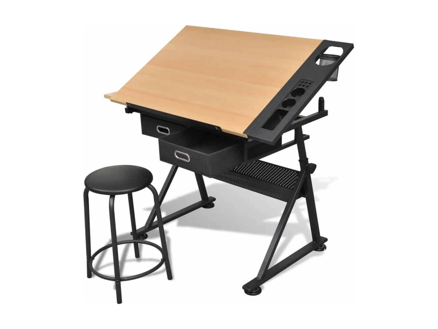 Zeichentisch mit neigbarer Tischplatte 2 Schubladen und Hocker