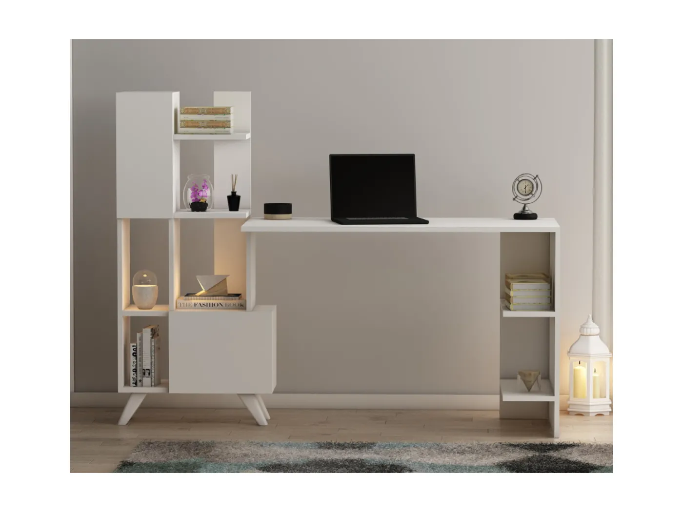 Zeitgenössischer Schreibtisch mit 9 Fächern KUHMO - weiß im industriellen Stil Eiche und Schwarz mit Regalen