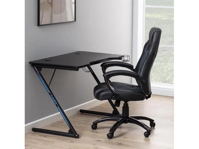 Schwarzer GAMER-Gaming-Schreibtisch mit Getränkehalter und Kopfhörerhalter