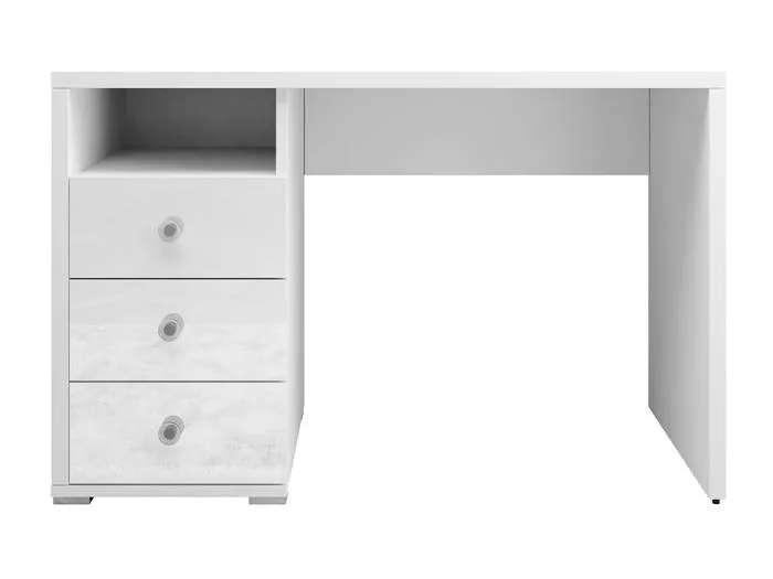 Geradliniger Design-Schreibtisch mit einem Aufbewahrungscontainer mit 3 Schubladen und 1 Fach, Kollektion ALBY, in Weiß.