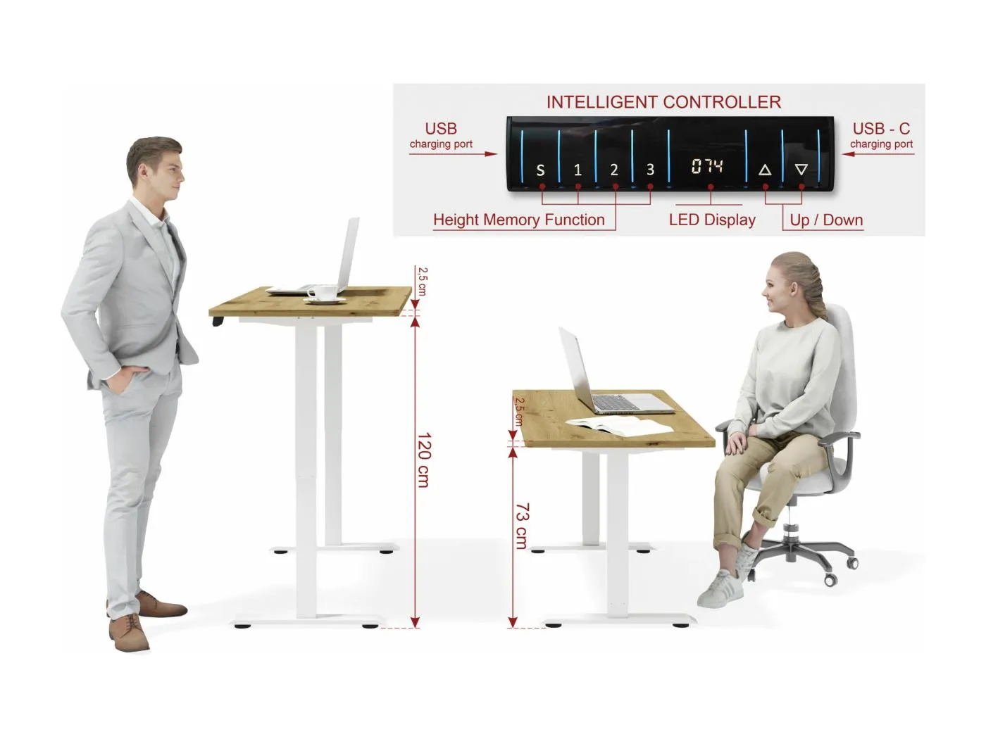 Höhenverstellbarer Schreibtisch BIM Natural Desk Eichenfurnier 120x65x3 white/Eiche
