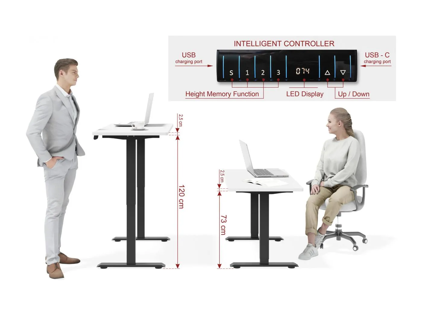 Elektrisch höhenverstellbarer Schreibtisch 120x65 schwarz/matt weiß