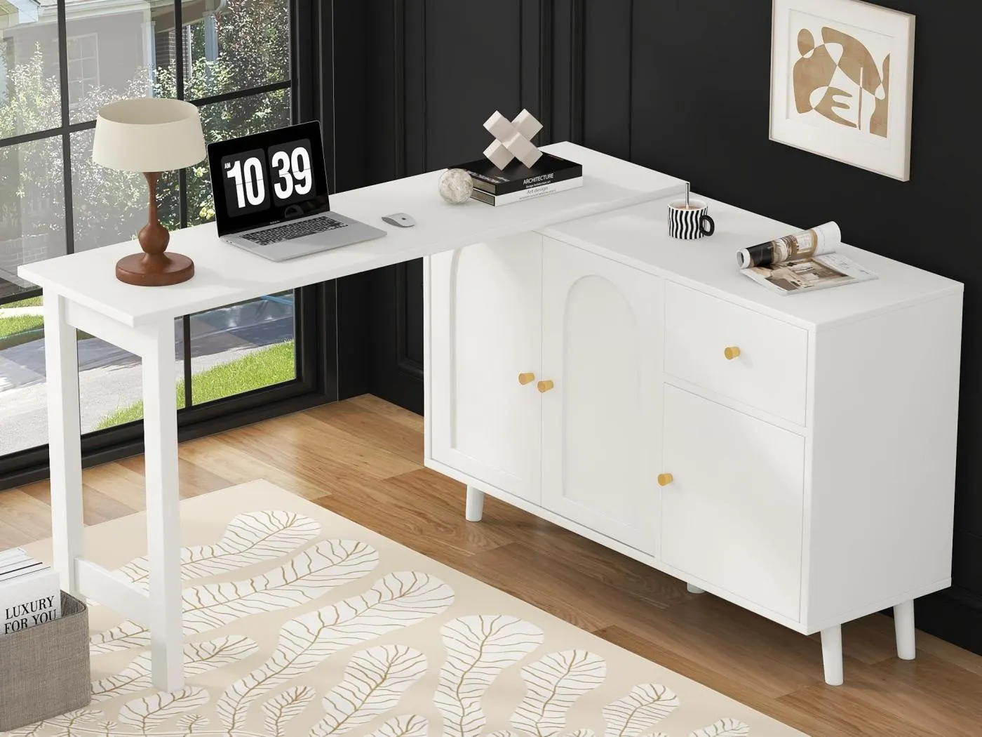 2-in-1 Schreibtisch 120×40×74,5 cm - 360° drehbar - 3 Türen und 1 Schublade - FSC-zertifiziert - weiß