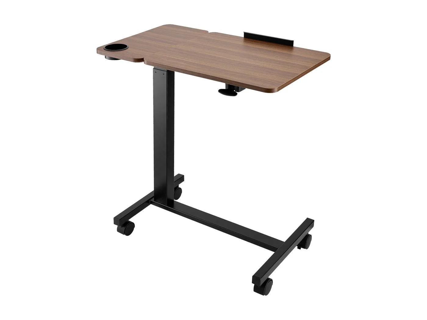 Mobiler Betttisch SucceBuy, Beistelltisch mit 4 Rollen, Klappbare Tischplatte, Höhenverstellbar, Getränkehalter, für Zuhause und Büro, Holz und Schwarz