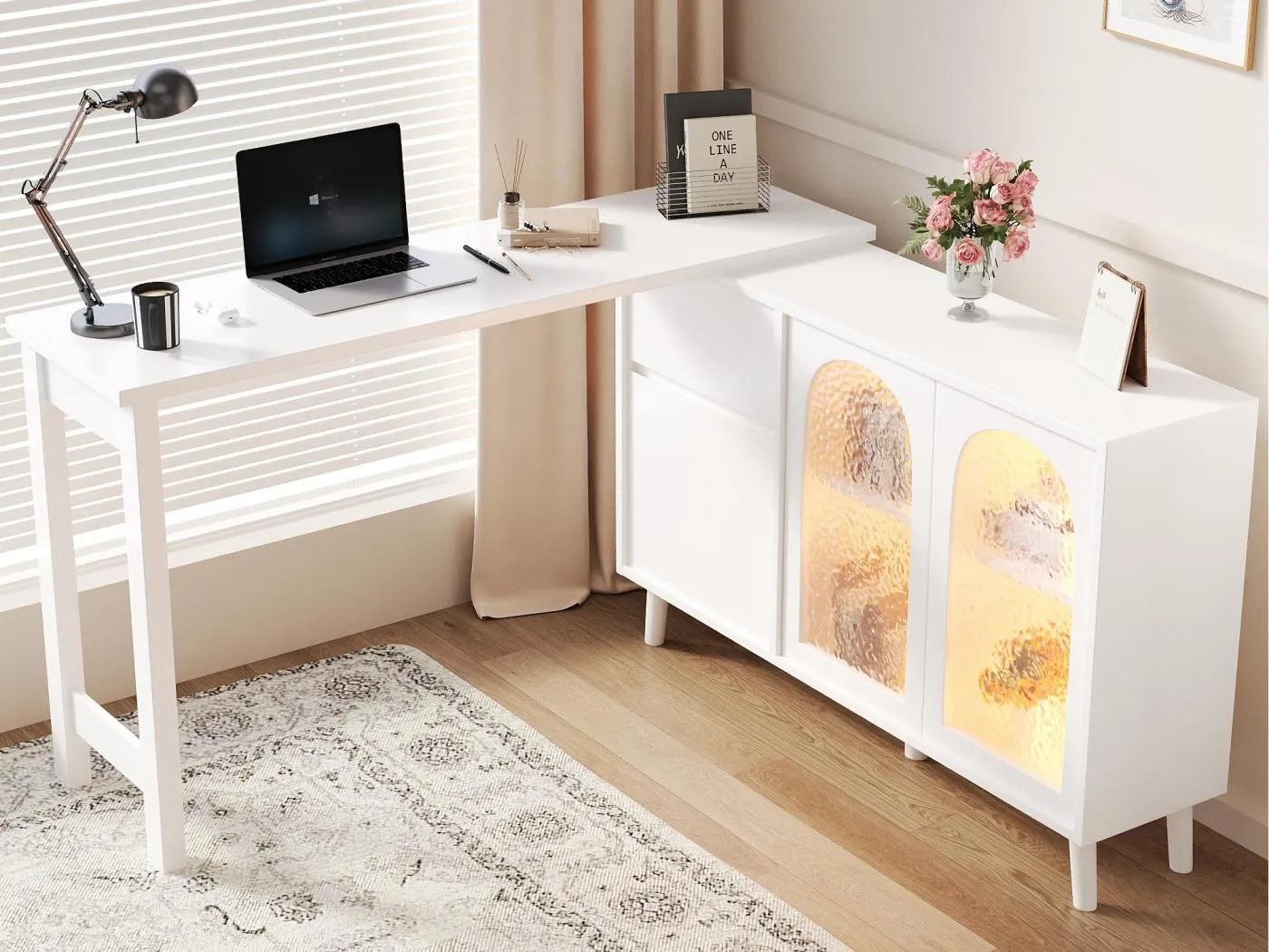 Drehbarer Eckschreibtisch 120×40×78 cm - 360° drehbar - mit LED-Beleuchtung - 3 Türen und 1 Schublade - weiß