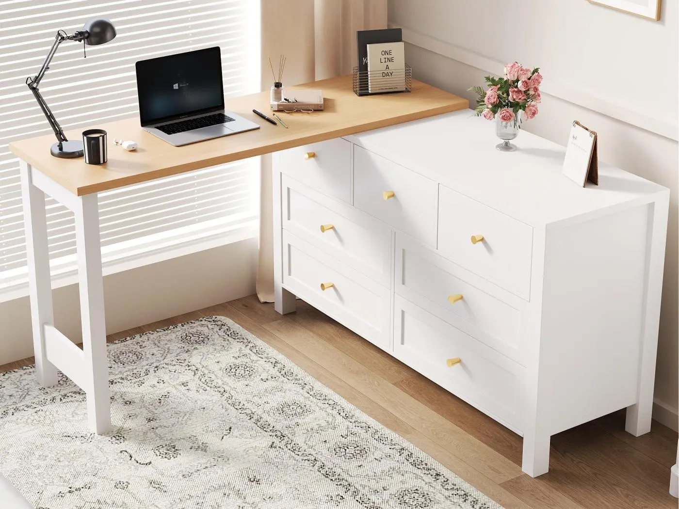 Eckschreibtisch 120×40×70 cm - mit 7 Schubladen - 2-in-1-Design - 360° drehbarer Tisch - FSC-zertifiziert - weiß + natur