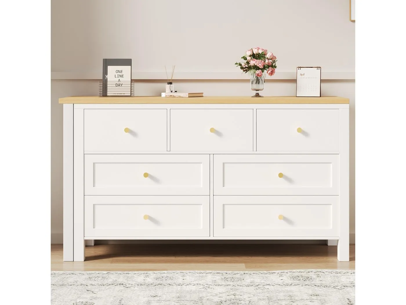 2-in-1 Schreibtisch und Sideboard - 120 x 40 x 70 cm - 360° drehbar - mit 7 Schubladen - Spanplatte - weiß