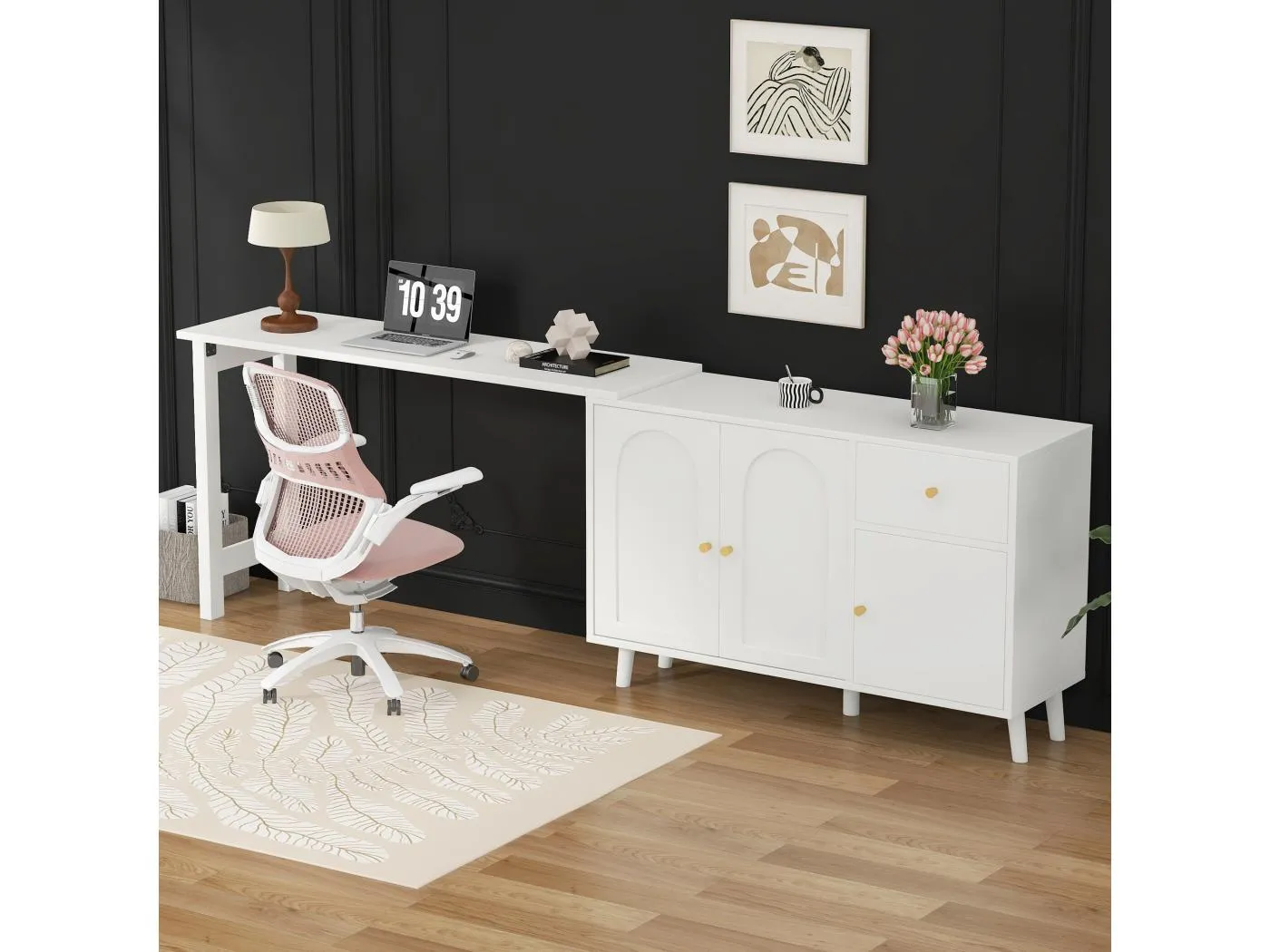 2-in-1 Schreibtisch und Sideboard - 120 x 40 x 74,5 cm - 360° drehbar - mit 3 Türen + 1 Schublade - Spanplatte - Weiß