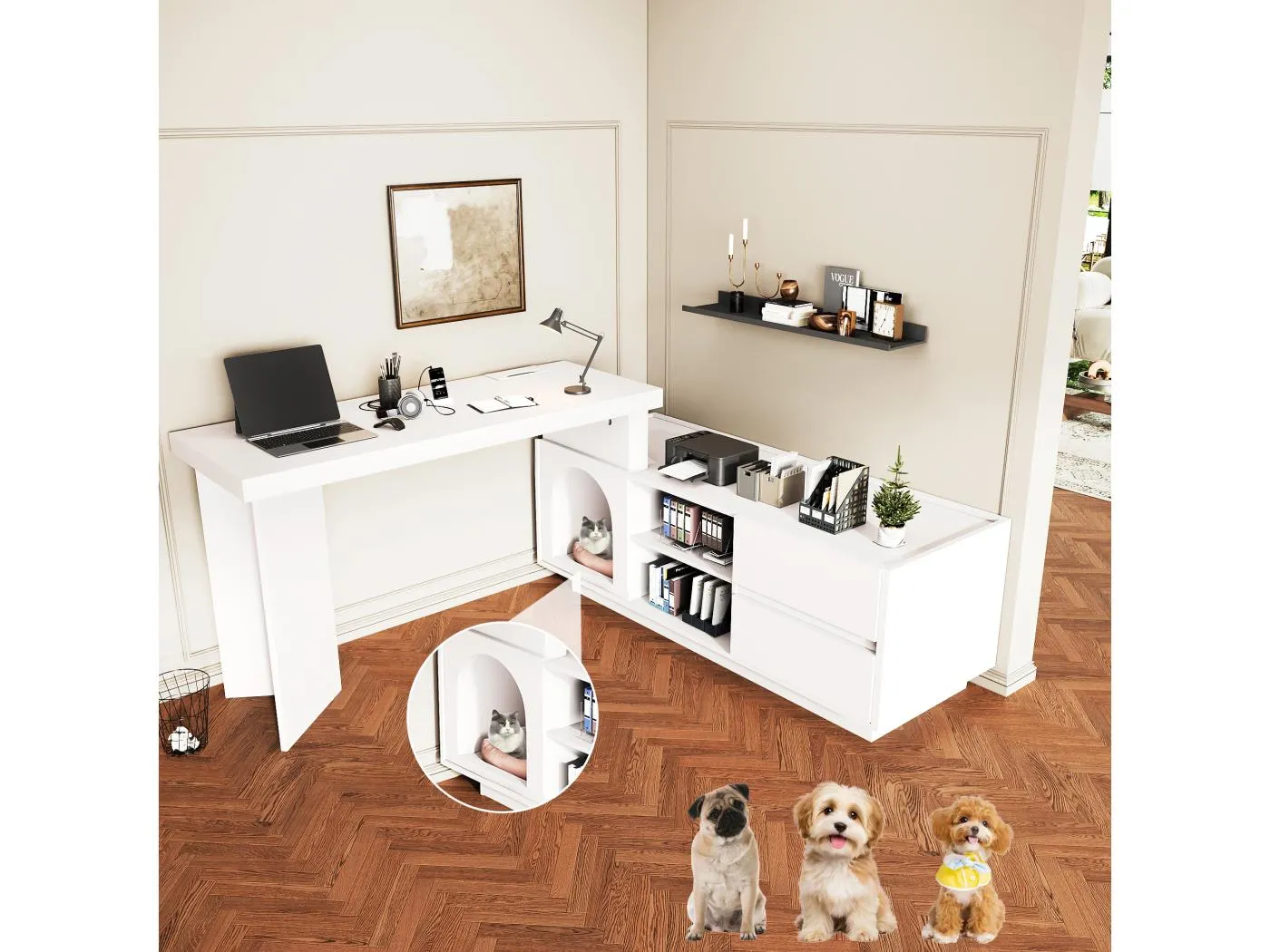 Schreibtisch mit eingebauter Nische - 120 x 50 x 75 cm - L-förmig oder gerade - mit 2 Schubladen - MDF - weiß