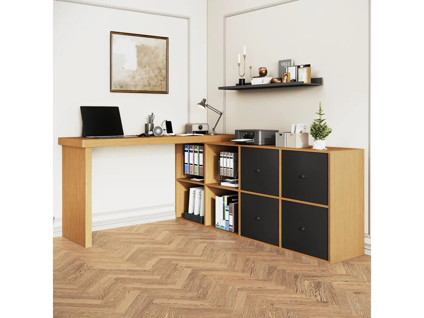 Drehbarer Schreibtisch - 140 x 120 x 78 cm - L-förmig oder gerade - mit 4 Ablagen + 4 Schubladen - MDF - natur