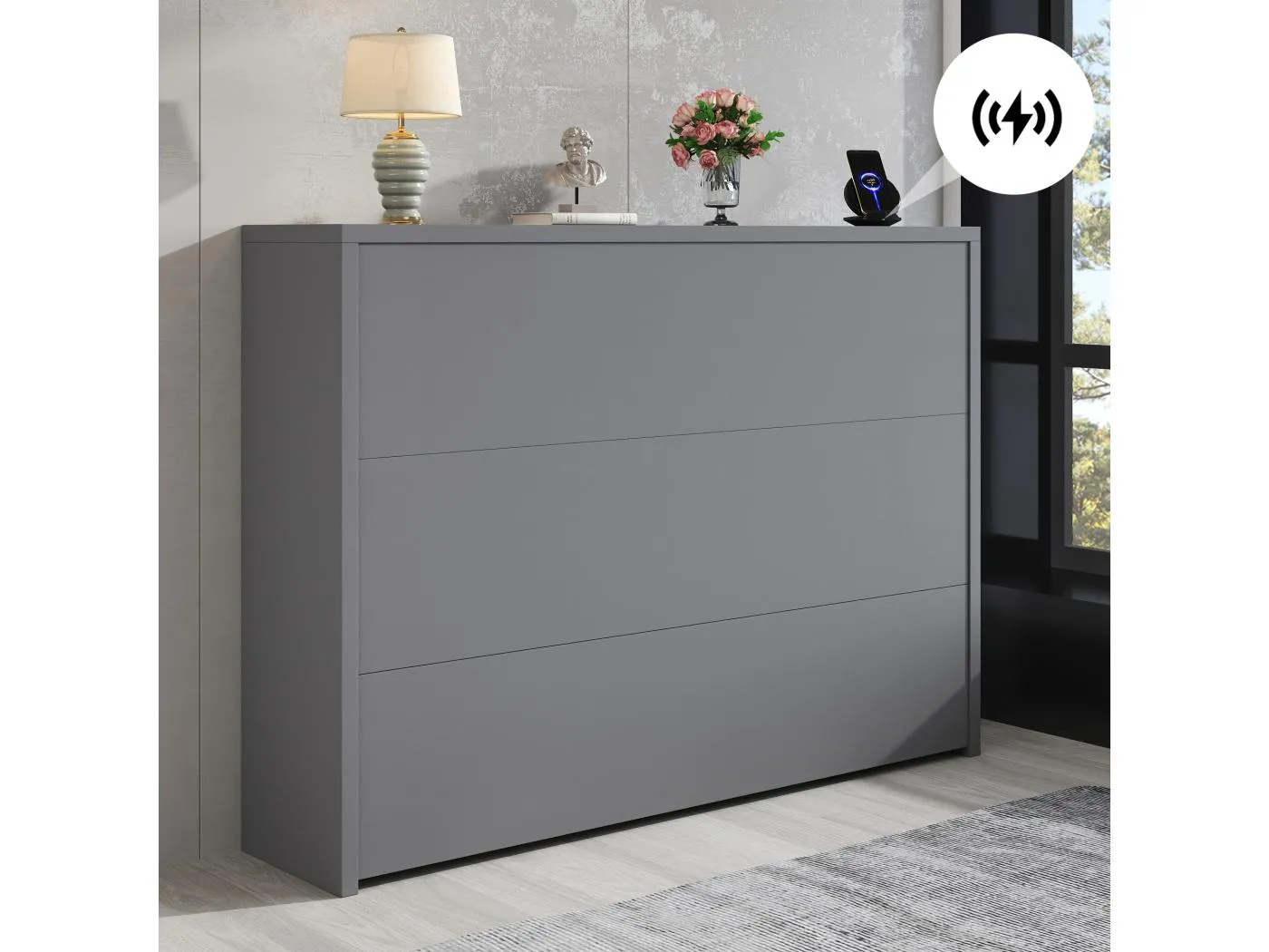Klappbarer Schreibtisch mit kabellosem Ladegerät – 115 x 51 x 93 cm – 2-in-1-Sideboard und Schreibtisch – Spanplatte – Grau