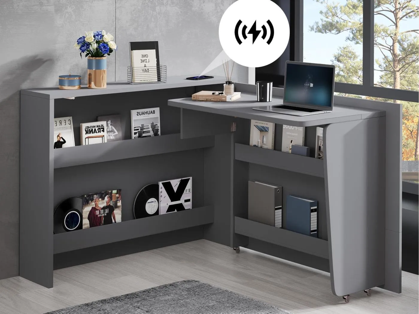 Klappbarer Schreibtisch 115×27×93 cm - mit kabelloser Ladefunktion - mit Regalen und Rollen - Hochglanzfinish - ​​Grau​