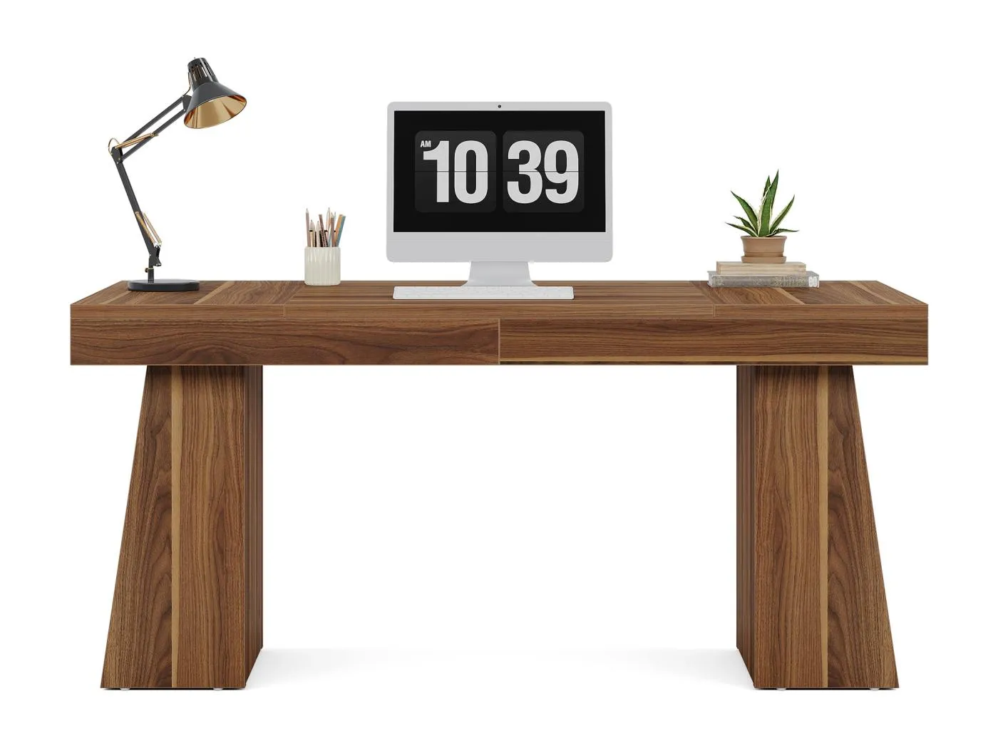 140 cm Executive-Schreibtisch, Moderner Bürotisch im Stil des Mittelalters für den Heimarbeitsbereich mit doppelter Trapezbasis