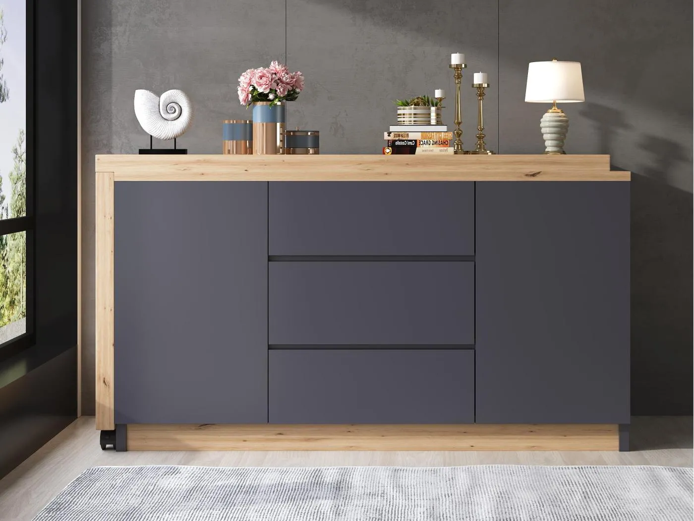 Eckschreibtisch 120x50x76.5 cm - Drehbare Arbeitsplatte - 3 Schubladen und 2 Türen - Mit verriegelbaren Rollen - Grau+natur