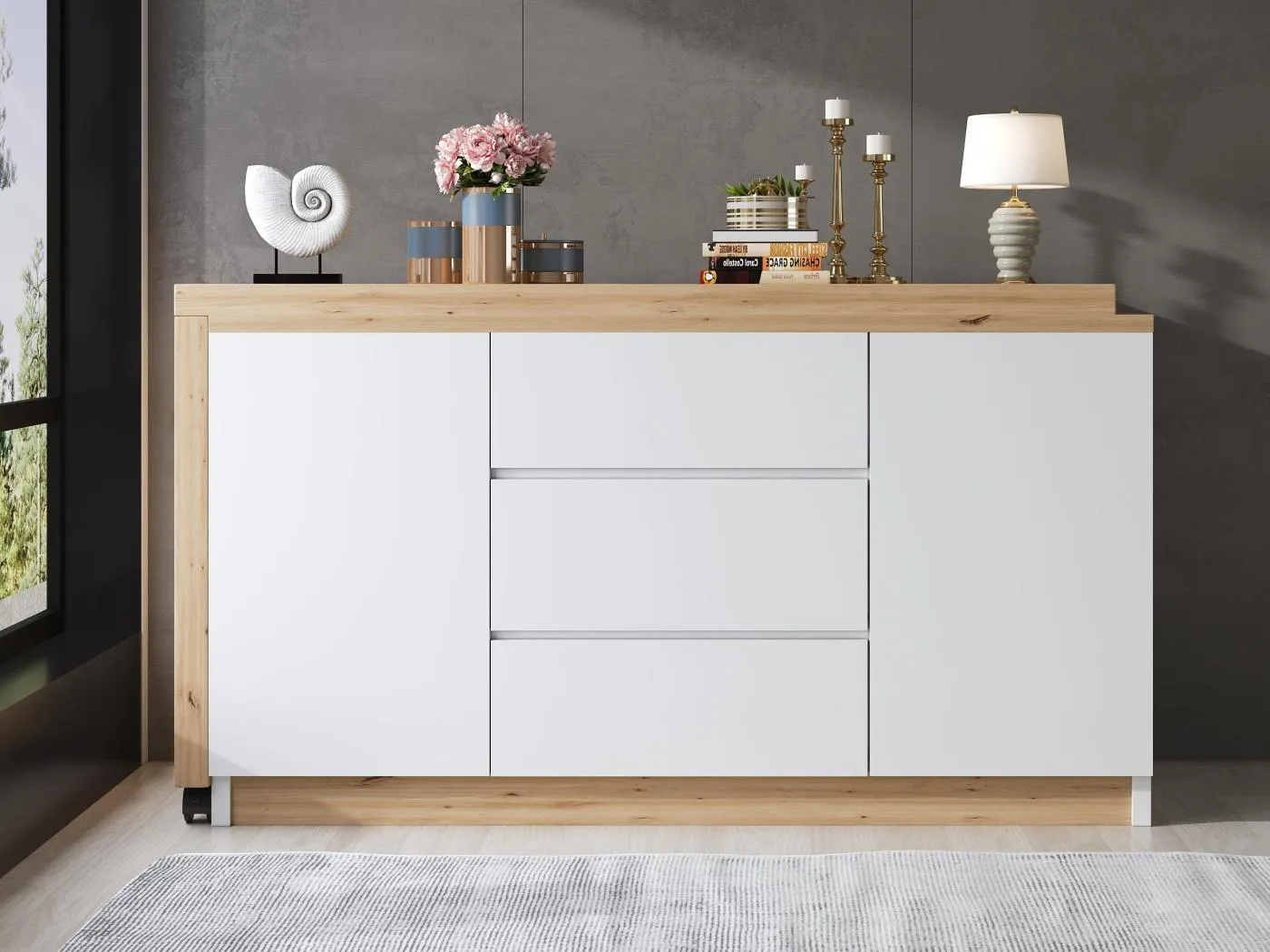 Eckschreibtisch 120x50x76.5 cm - Drehbare Arbeitsplatte - 3 Schubladen und 2 Türen - mit verriegelbaren Rollen - Weiß+natur