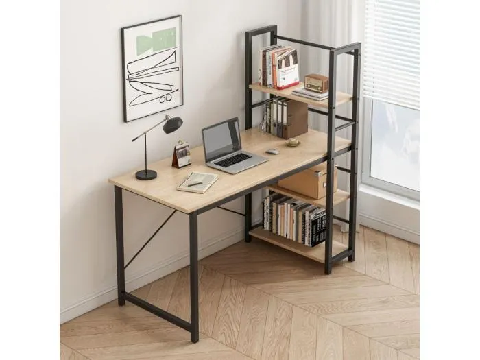 COMPUTER-SCHREIBTISCH MIT REGAL UND REGALBÖDEN MODERNES METALL LOFT HELLBRAUN