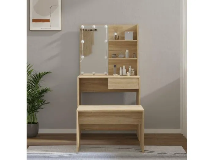 Schminktisch-Set mit LED Sonoma-Eiche Holzwerkstoff