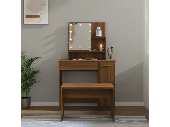 Schminktisch-Set mit LED Braun Eichen-Optik Holzwerkstoff