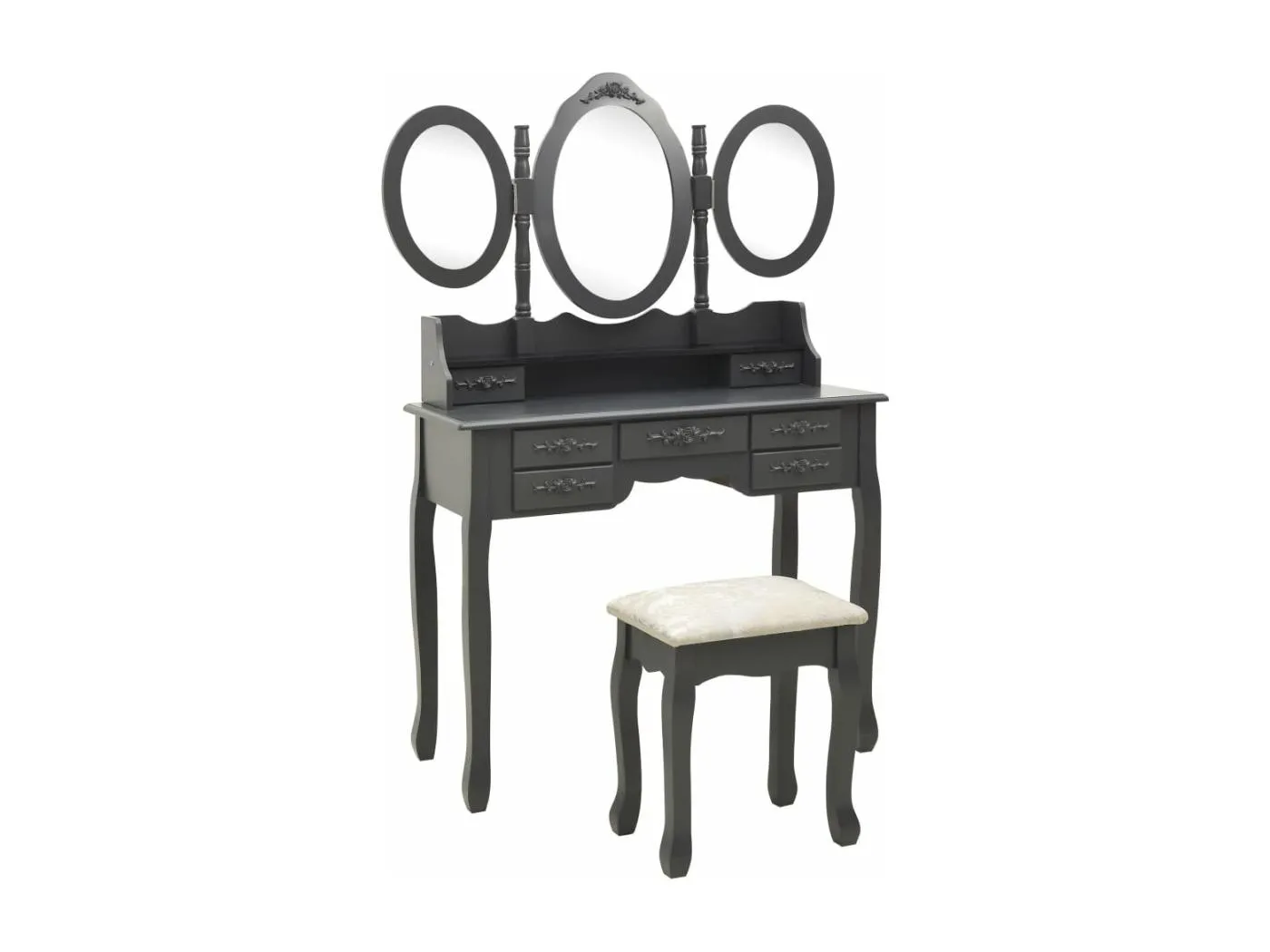 Schminktisch mit Hocker und Dreifach-Spiegel Grau