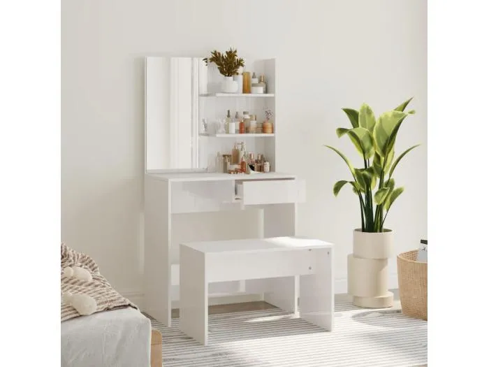 Schminktisch-Set Hochglanz-Weiß 74,5x40x141 cm