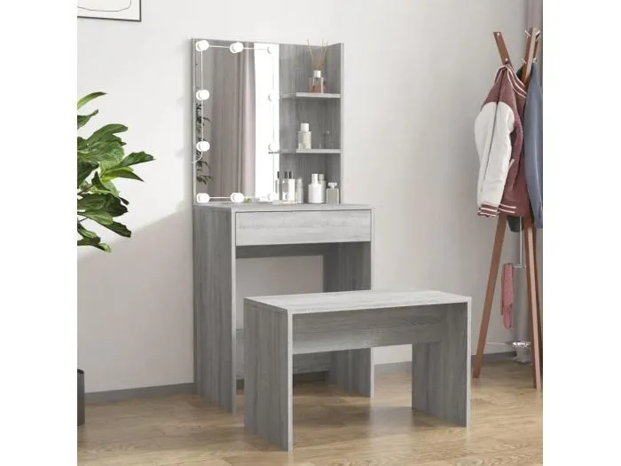 Schminktisch-Set mit LED Grau Sonoma Holzwerkstoff