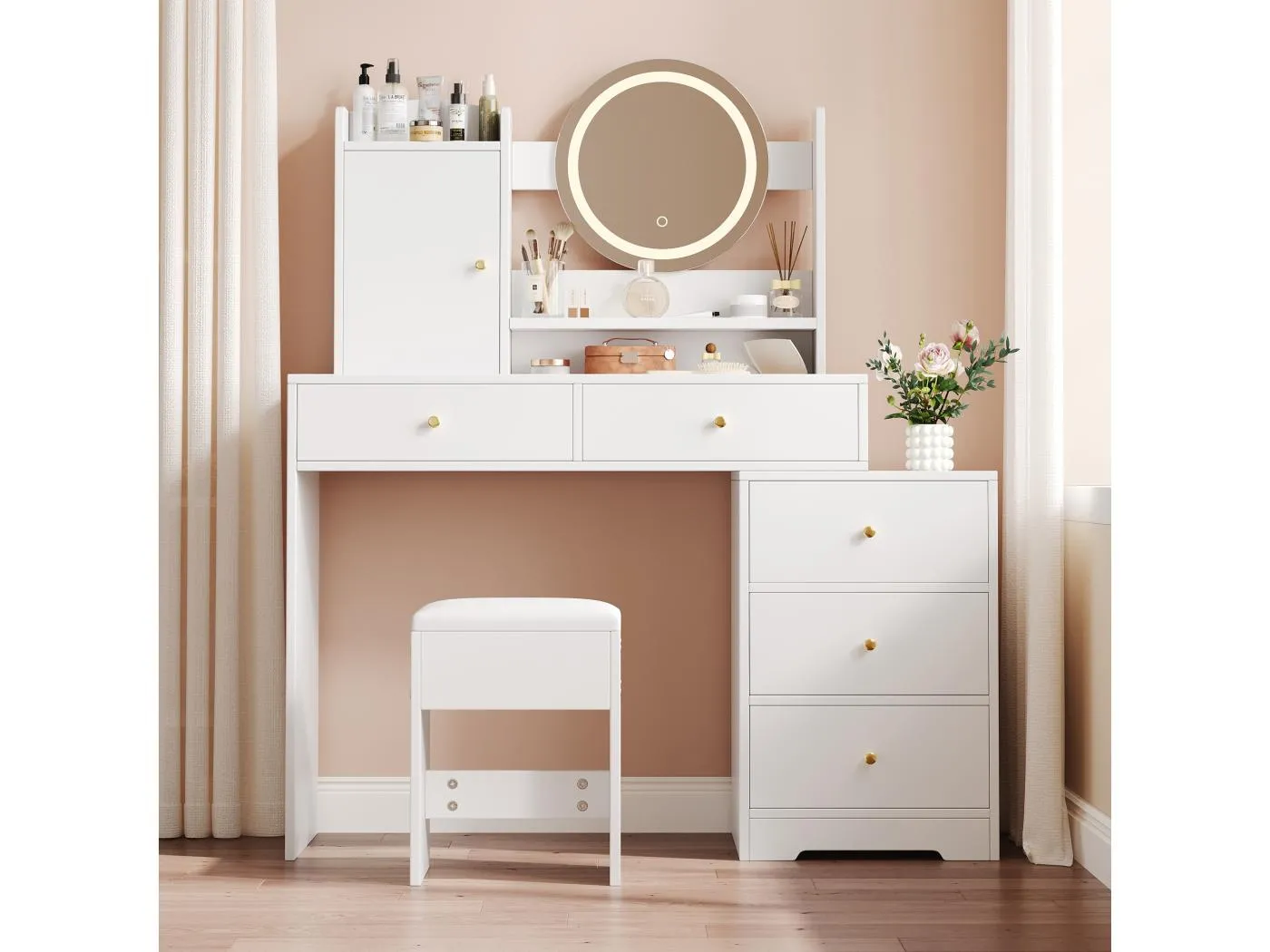 Schminktisch mit LEDs - 90 x 40 x 132 cm - mit 1 Hocker + 5 Schubladen + 1 Spiegel + 1 Tür - MDF - weiß