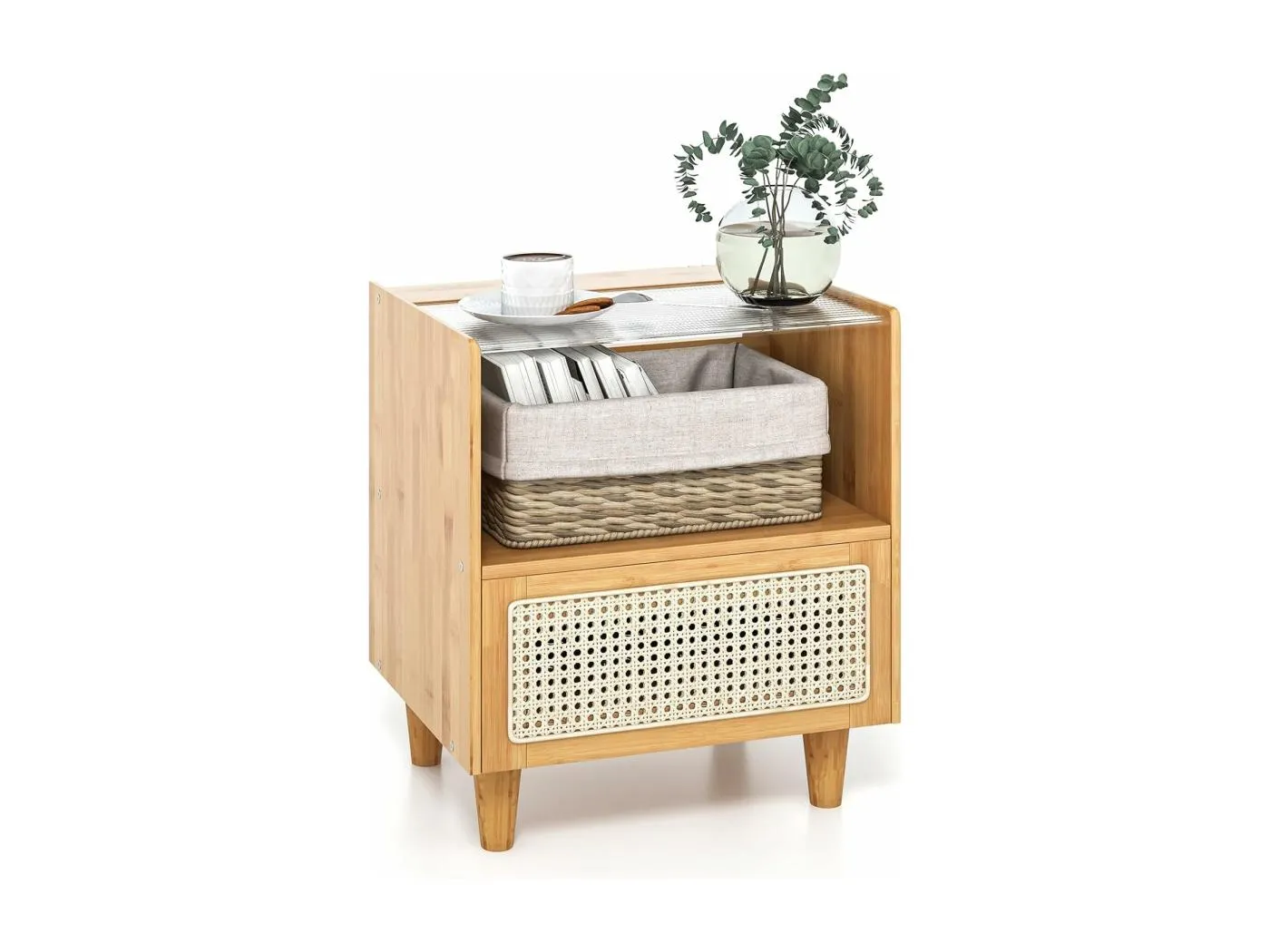 Nachttisch Rattan, Nachtschrank aus Bambus mit Schublade, Beistelltisch mit Glastischplatte und offenem Fach, Sofatisch, Boho-Nachtkonsole für Schlafzimmer, 43 x 35 x 50 cm, Natur TG32776