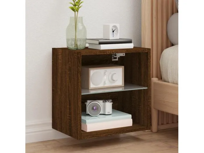 Wand-Nachttisch Nachtschrank mit LED-Leuchten Braun Eichen-Optik -RN56389