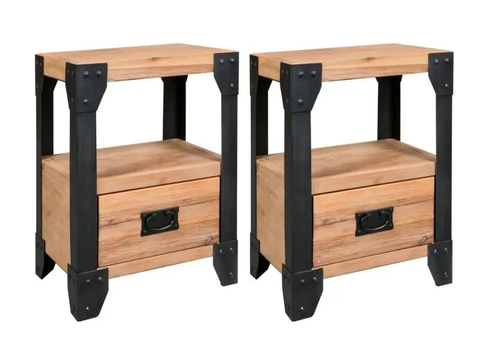 2er-Set Nachttische Nachtschrank Akazienholz Massiv Stahl 40 x 30 x 54 cm -RN76199