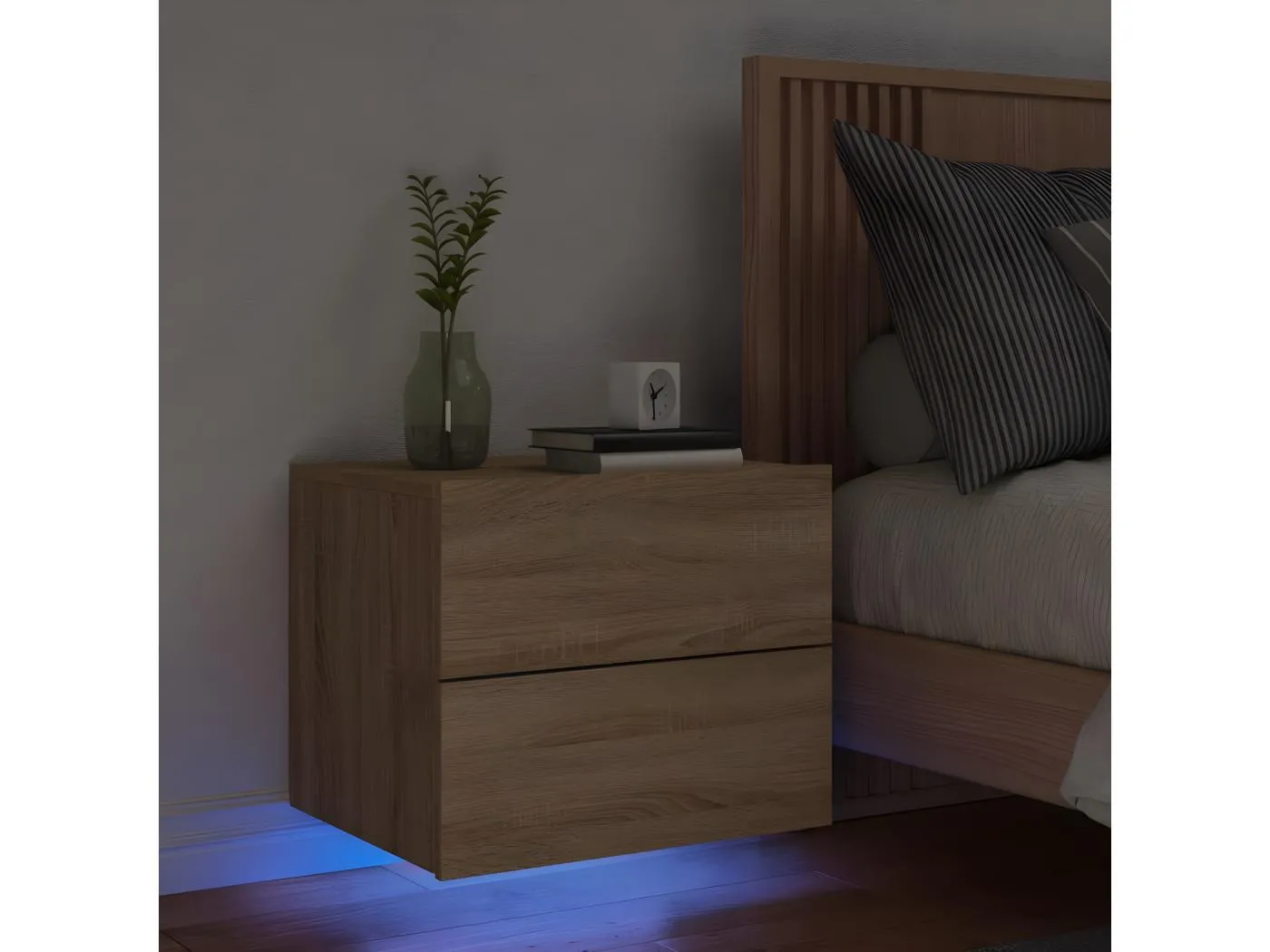 Wand-Nachttisch Nachtschrank mit LED-Leuchten Sonoma-Eiche -RN62263