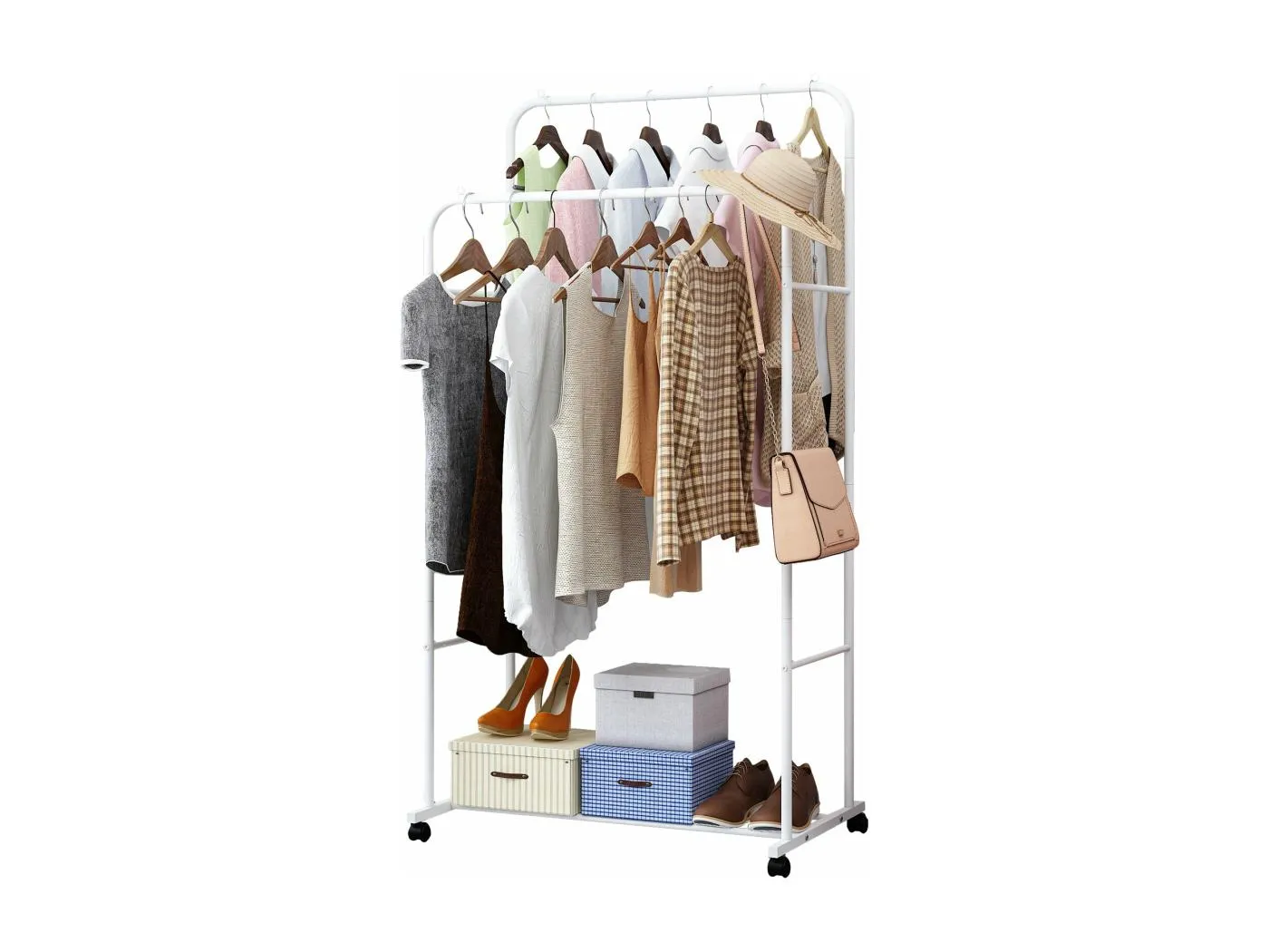 Kleiderständer auf Rollen, stabiler Multifunktions-Kleiderständer, Profi-Garderobe mit 2 Stangen, 80,5x51x155cm